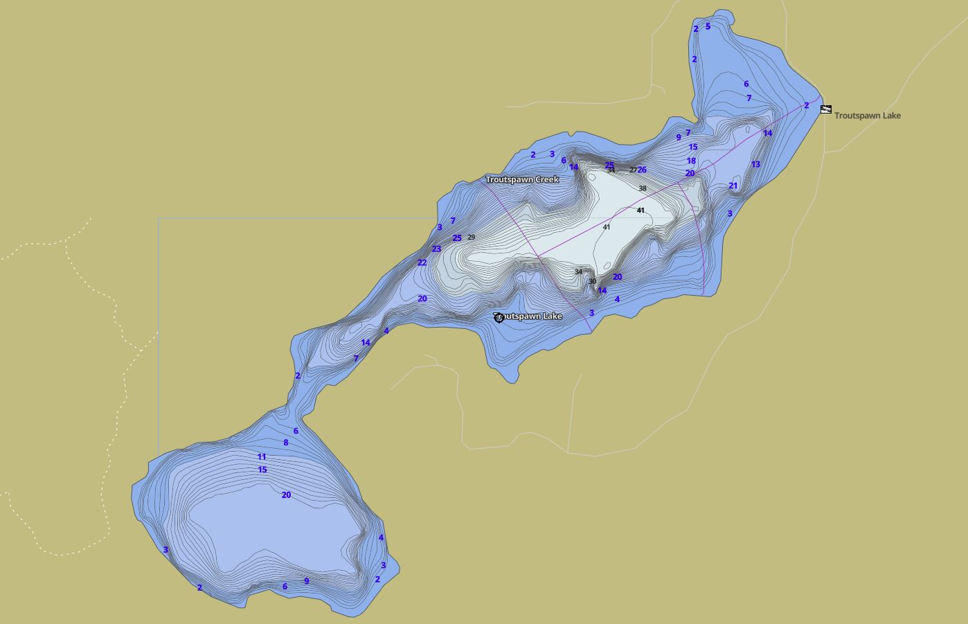Contour Map of Troutspawn Lake in Municipality of Algonquin Highlands and the District of Haliburton